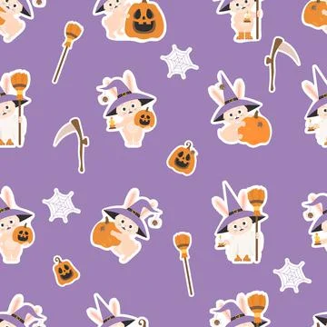 Seamless pattern Halloween. Stickers cute rabbit in witch hat with broom, Pum Illustrazione stock