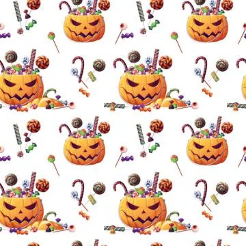 Seamless pattern with Halloween sweets and pumpkin on a white background. Tri Stock Illustration