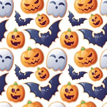 Seamless pattern with Halloween sweets. Cookies in the form of a ghost, a bat Stock Illustration
