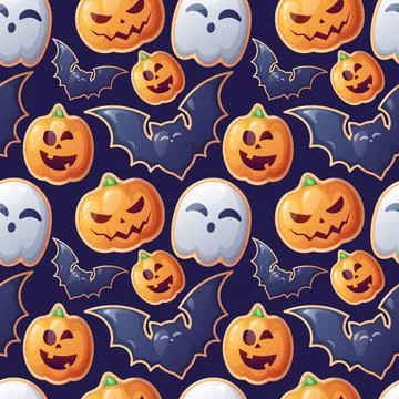 Seamless pattern with Halloween sweets on a dark background. Cookies in the f Illustrazione stock
