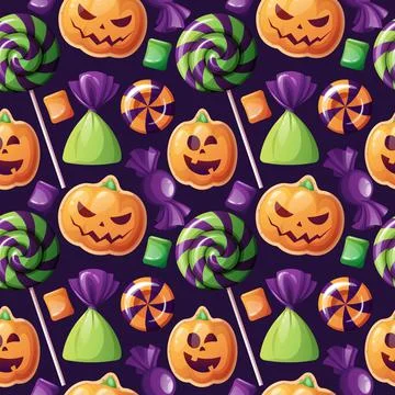 Seamless pattern with Halloween sweets on a dark background. Cookies in the f Illustrazione stock