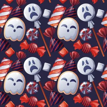 Seamless pattern with Halloween sweets on a dark background. Ghost cookies, c Stock Illustration