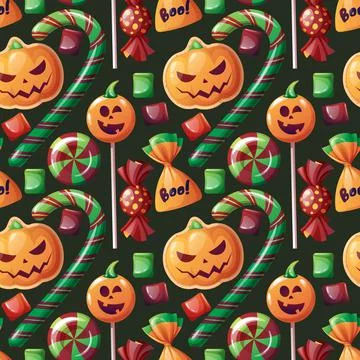 Seamless pattern with Halloween sweets on a dark background. Cookies in the f Stock Illustration
