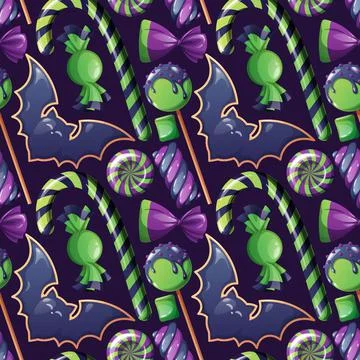 Seamless pattern with Halloween sweets on a dark background. Bat cookies, can Stockillustratie