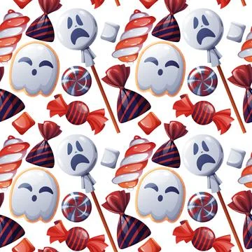 Seamless pattern with Halloween sweets. Ghost cookies, candy, lollipop, marsh Stock Illustration