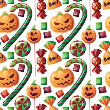Seamless pattern with Halloween sweets on a white background. Cookies in the  Illustrazione stock
