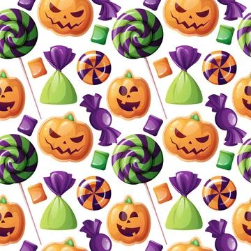 Seamless pattern with Halloween sweets on a white background. Cookies in the  Illustrazione stock
