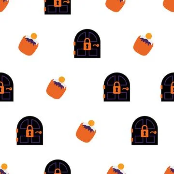 Seamless pattern with Halloween trick or treat candy buckets and locked doors Stockillustratie