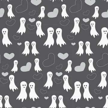Seamless pattern for Halloween with two ghosts in love and heart shapes in Stock Illustration