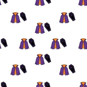 Seamless pattern with Halloween vampire capes and coffins on white background 스톡 일러스트