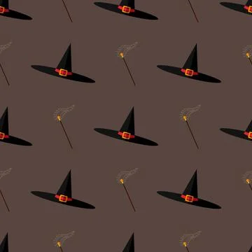 Seamless pattern Halloween vector with witch hats and and magic wand Stock Illustration