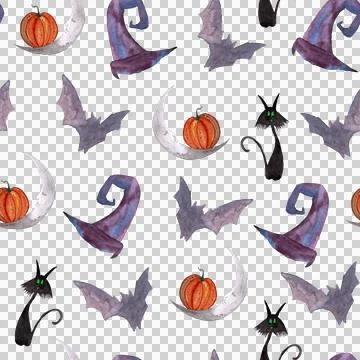 Seamless pattern of Halloween watercolor elements on white background. Black cat Illustrazione stock