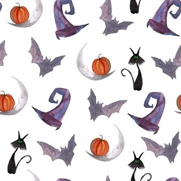 Seamless pattern of Halloween watercolor elements on white background. Black cat Illustrazione stock