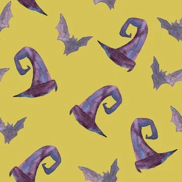 Seamless pattern of Halloween watercolor elements on yellow background Stock Illustration