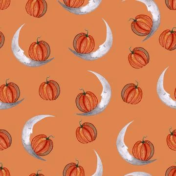 Seamless pattern of Halloween watercolor elements on orange background. Moon Stock Illustration