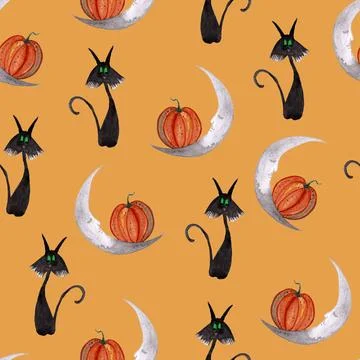 Seamless pattern of Halloween watercolor elements on orange background. Moon Stock Illustration