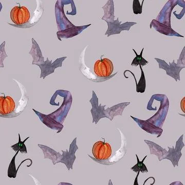 Seamless pattern of Halloween watercolor elements on grey background Stock Illustration