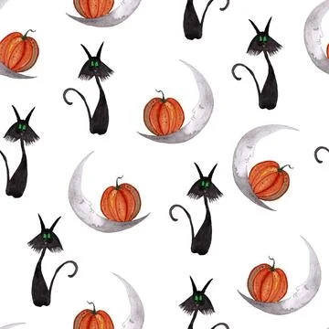Seamless pattern of Halloween watercolor elements on white background. Black cat イラスト素材