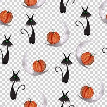 Seamless pattern of Halloween watercolor elements on white background. Black cat Stock Illustration