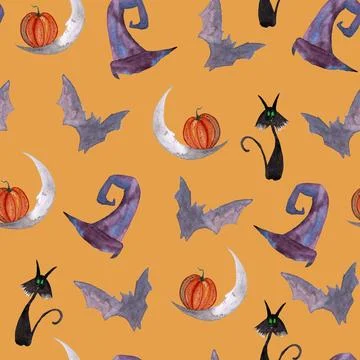 Seamless pattern of Halloween watercolor elements on orange background. Moon Stock Illustration