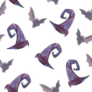 Seamless pattern of Halloween watercolor elements on white background Ilustração Stock