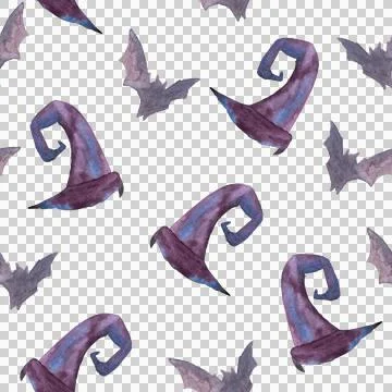 Seamless pattern of Halloween watercolor elements on white background Violet hat Stock Illustration
