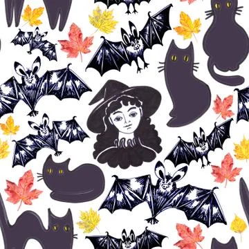 Seamless pattern for halloween witch with bats and black cats, graphic drawin Stock Illustration