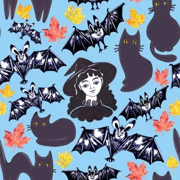 Seamless pattern for halloween witch with bats and black cats, graphic drawin Stock Illustration
