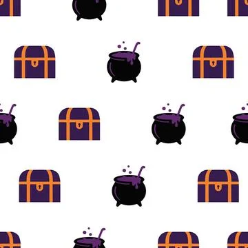 Seamless pattern with Halloween witch cauldrons and treasure chests. Stock Illustration