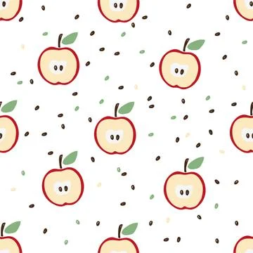 Seamless pattern of halves of a red apple and seeds on a white background. Cu Illustrazione stock