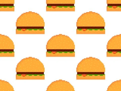 Seamless pattern with hamburgers in pixel art style. Pixel burger with cutl.. Stock Illustration