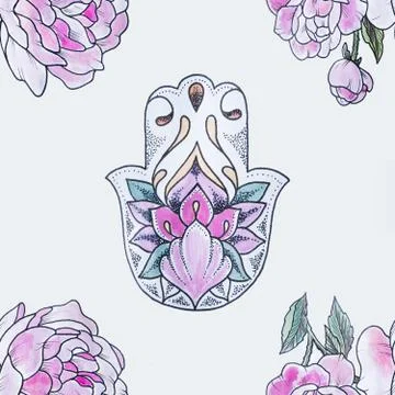 Seamless pattern of hamsa in flowers in peony on a white background. Stock Illustration