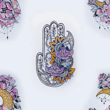 Seamless pattern hamsa with flowers on a white background. Illustrazione stock