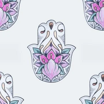 Seamless pattern of hamsa in flowers on a white background. Stock Illustration