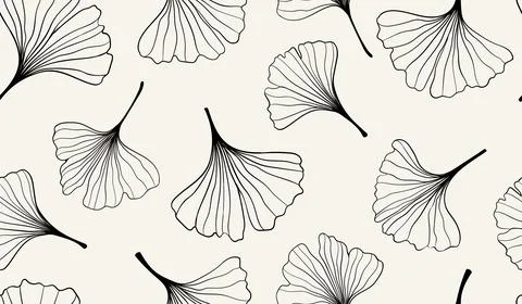 Seamless pattern of hand draw floral outline black and white line art ginkgo Stock Illustration