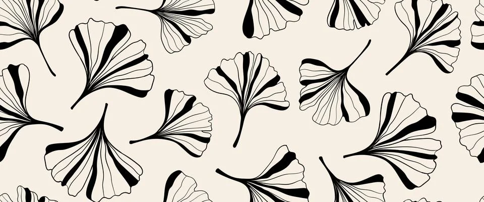 Seamless pattern of hand draw floral outline black and white line art ginkg.. Stock Illustration