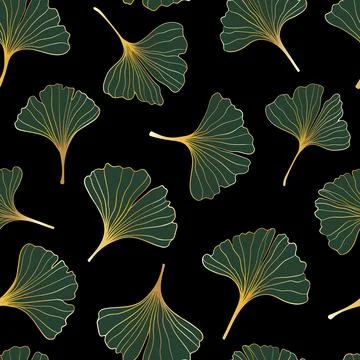Seamless pattern of hand draw illustrations floral outline golden ginkgo bi.. 库存插图