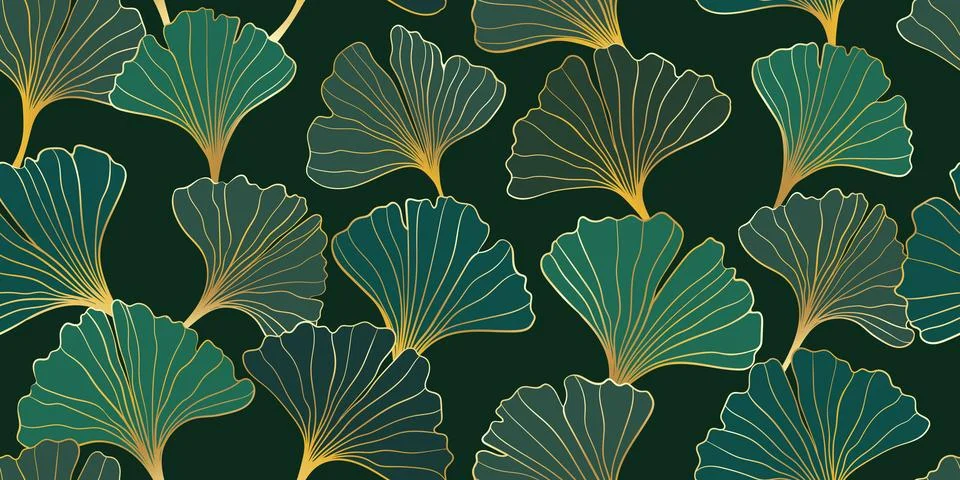 Seamless pattern of hand draw illustrations floral outline golden ginkgo bi.. 库存插图