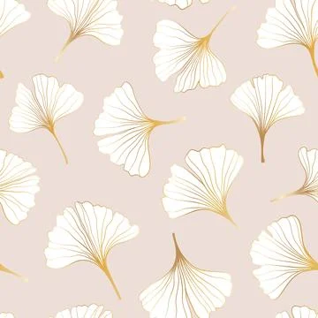 Seamless pattern of hand draw illustrations floral outline golden ginkgo bilo 库存插图