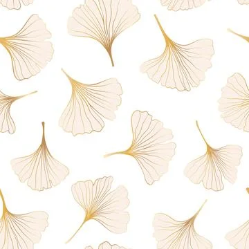 Seamless pattern of hand draw illustrations floral outline golden ginkgo bi.. 库存插图