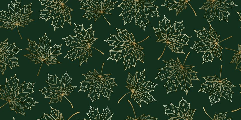 Seamless pattern of hand draw illustrations floral outline golden maple lea.. Stock Illustration