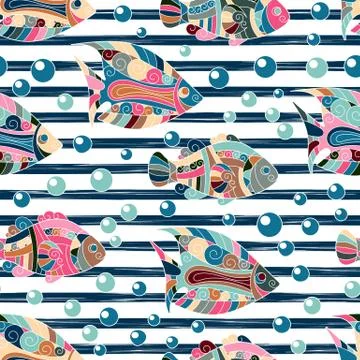 Seamless Pattern with hand draw zentangle Exotic Fish and Horizontal Stripes Stock Illustration