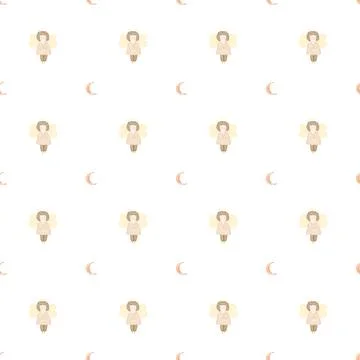 Seamless pattern hand drawing. angel and lunar month. elegant minimalism for Stock Illustration