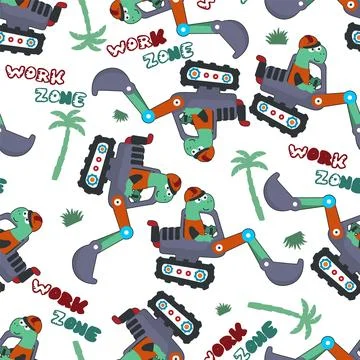 Seamless pattern of  hand drawing digger and worker dinosaur print design, Stock Illustration