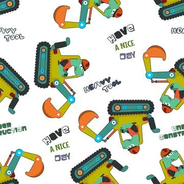 Seamless pattern of  hand drawing digger and worker dinosaur print design, Stock Illustration