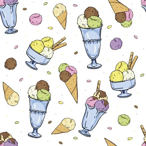 Seamless pattern hand drawing Ice cream in glass vases. Stock Illustration