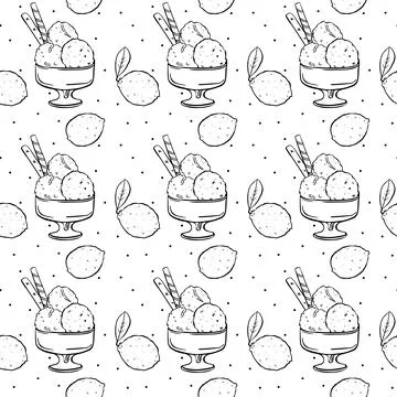 Seamless pattern hand drawing lemon Ice cream and lemons black outline on whi Stock Illustration