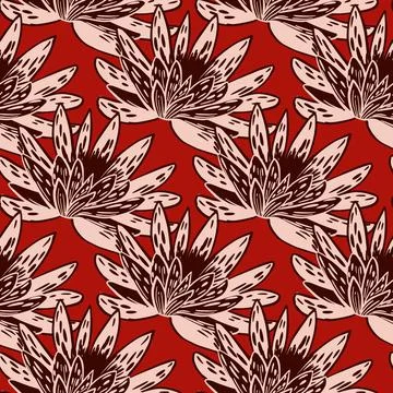 Seamless pattern with hand drawing lotus on red background. Vector big floral Stock Illustration