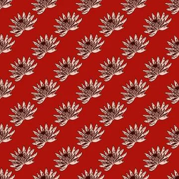 Seamless pattern with hand drawing lotus on red background. Vector floral tem Stock Illustration