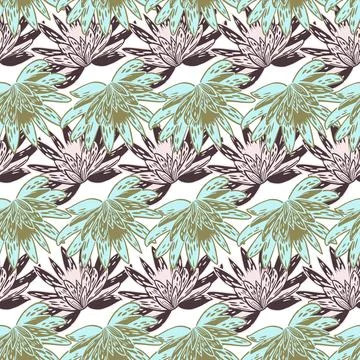 Seamless pattern with hand drawing lotus on light background. Vector green fl Stock Illustration